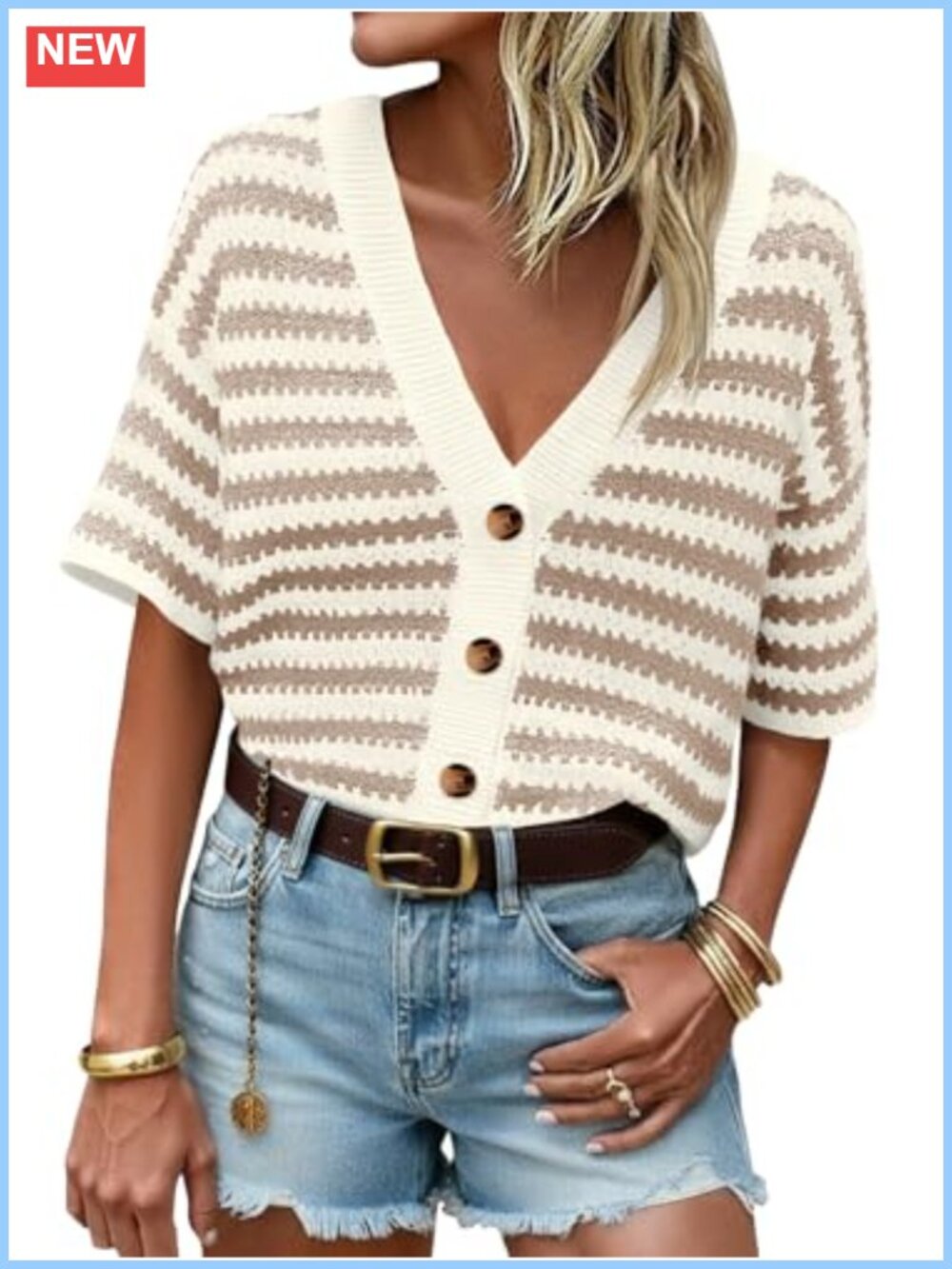 Women's Striped Short Sleeve Crochet Cardigan Button Up Knit Sweater